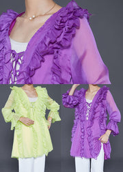 Fluorescent Green Chiffon Shirts Ruffled Lace Up Fall