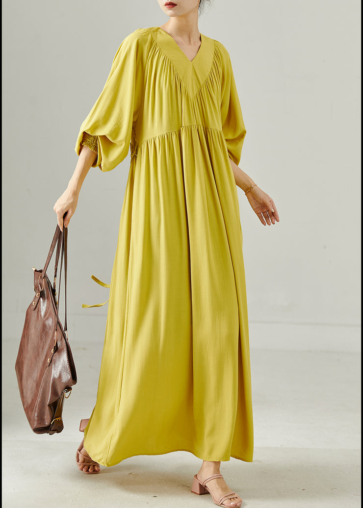 Fluorescent Green Cotton Long Dress Oversized Lantern Sleeve