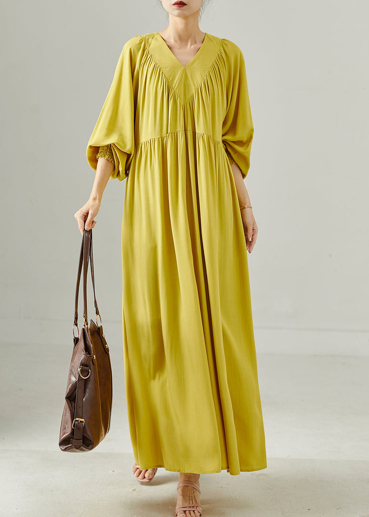 Fluorescent Green Cotton Long Dress Oversized Lantern Sleeve