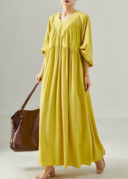 Fluorescent Green Cotton Long Dress Oversized Lantern Sleeve