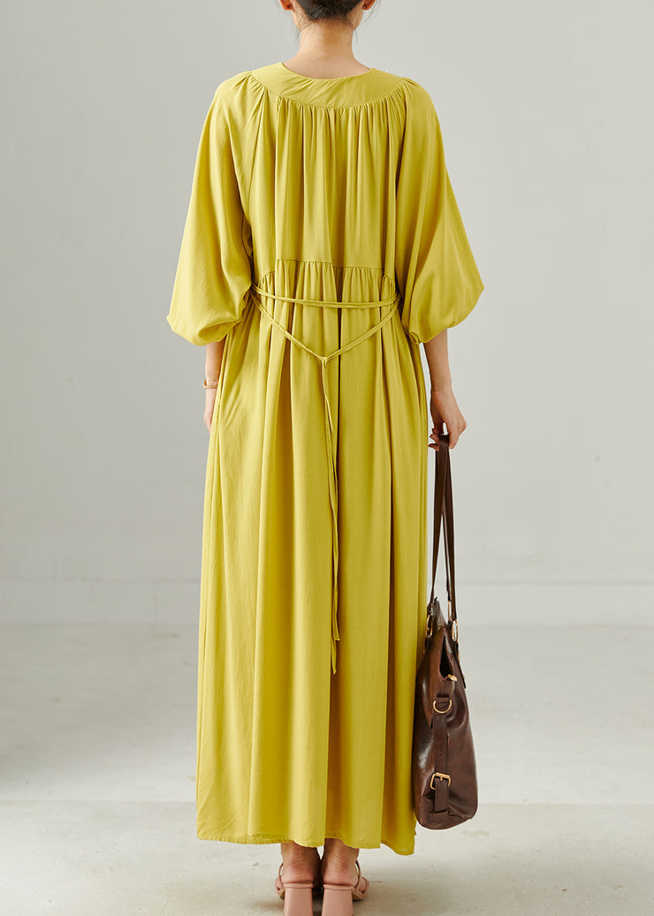 Fluorescent Green Cotton Long Dress Oversized Lantern Sleeve