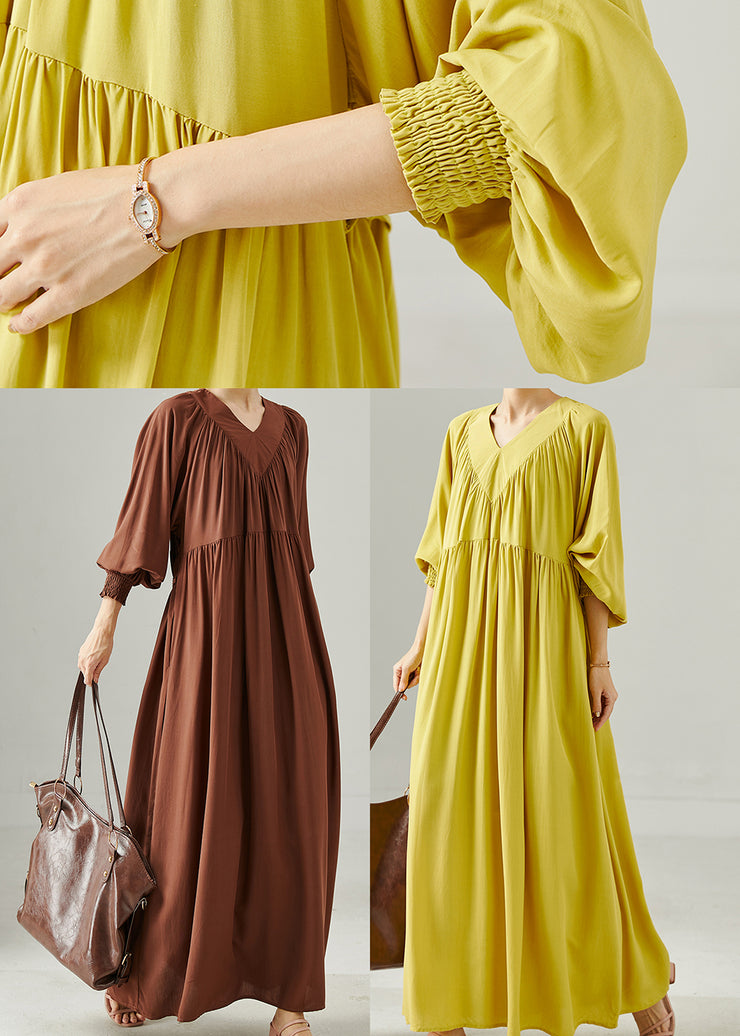 Fluorescent Green Cotton Long Dress Oversized Lantern Sleeve