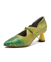 Fluorescent Green Embossed Buckle Strap Splicing Cowhide Leather Chunky High Heels