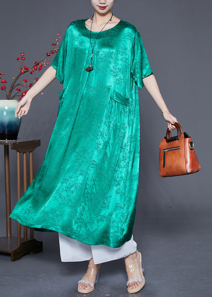 Fluorescent Green Silk Maxi Dresses O-Neck Pockets Summer