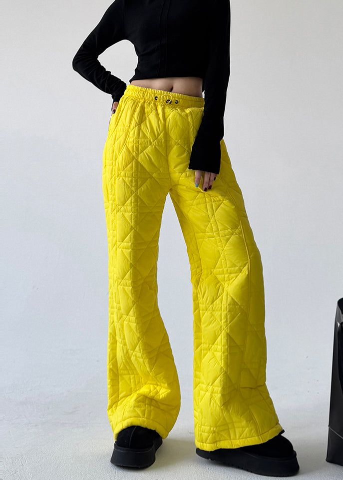 Fluorescent Yellow Plaid Fine Cotton Filled Straight Pants Spring