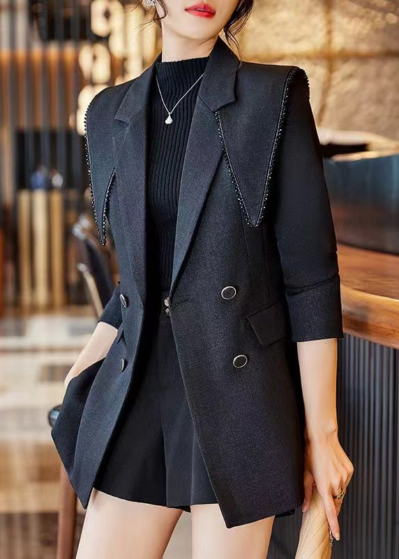 Formal Black Peter Pan Collar Patchwork Cotton Jackets Spring