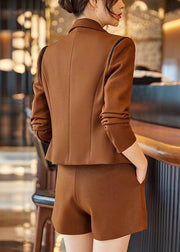 Formal Brown Notched Silm Cotton Two Piece Set Spring