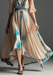 French Apricot Asymmetrical Print Chiffon Tea Dress Summer