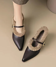 French Apricot Buckle Strap Fuzzy Wool Lined Pointed High Heels