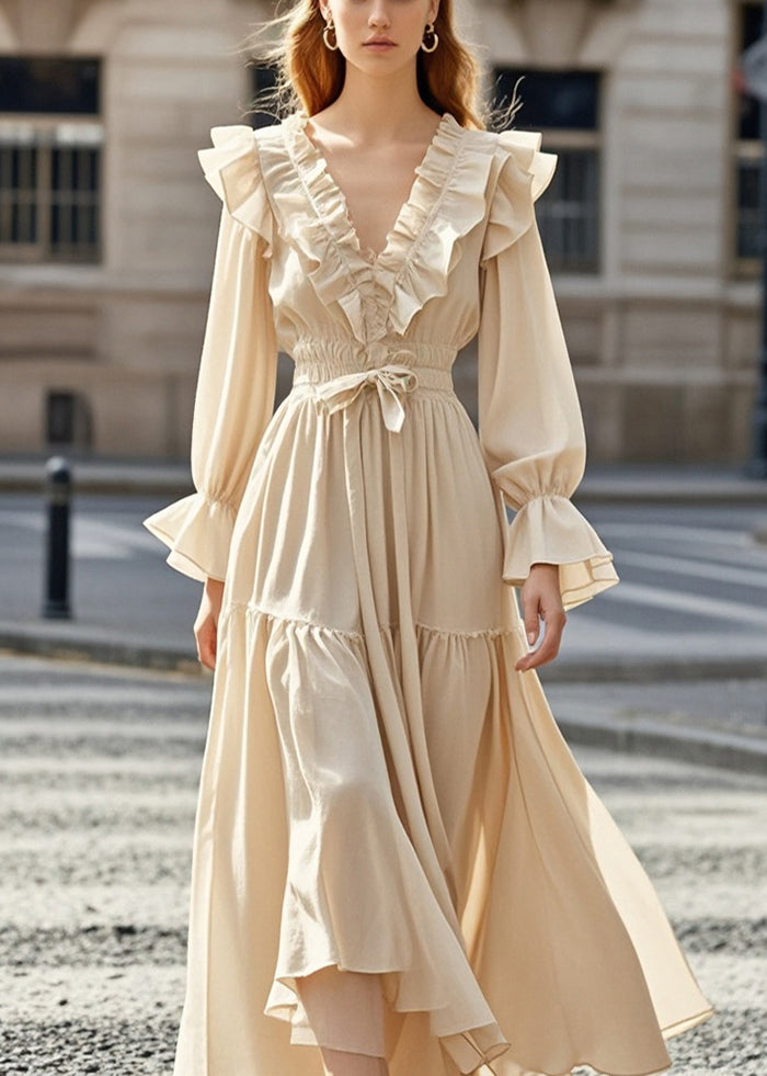 French Apricot Cinched Ruffled Chiffon Party Dresses Spring