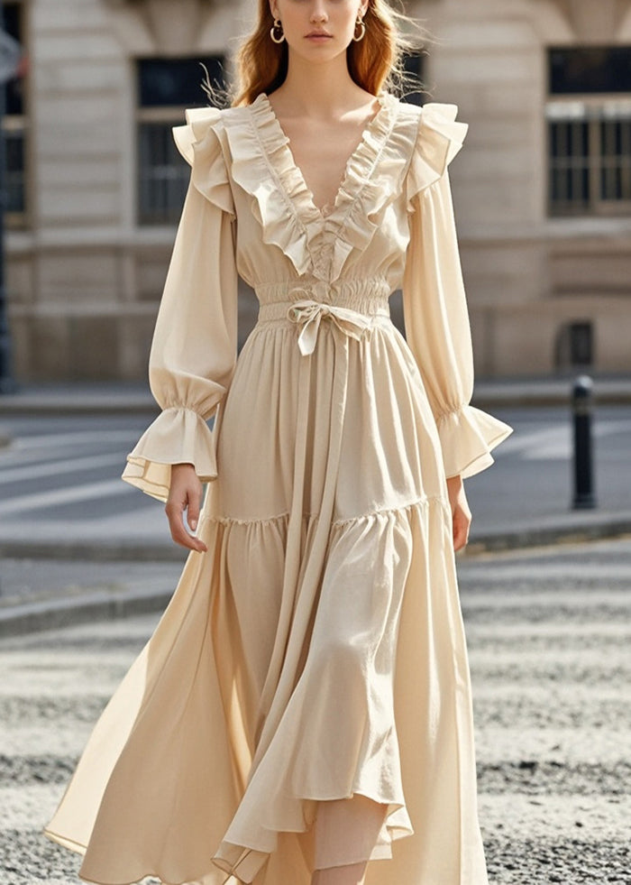 French Apricot Cinched Ruffled Chiffon Party Dresses Spring