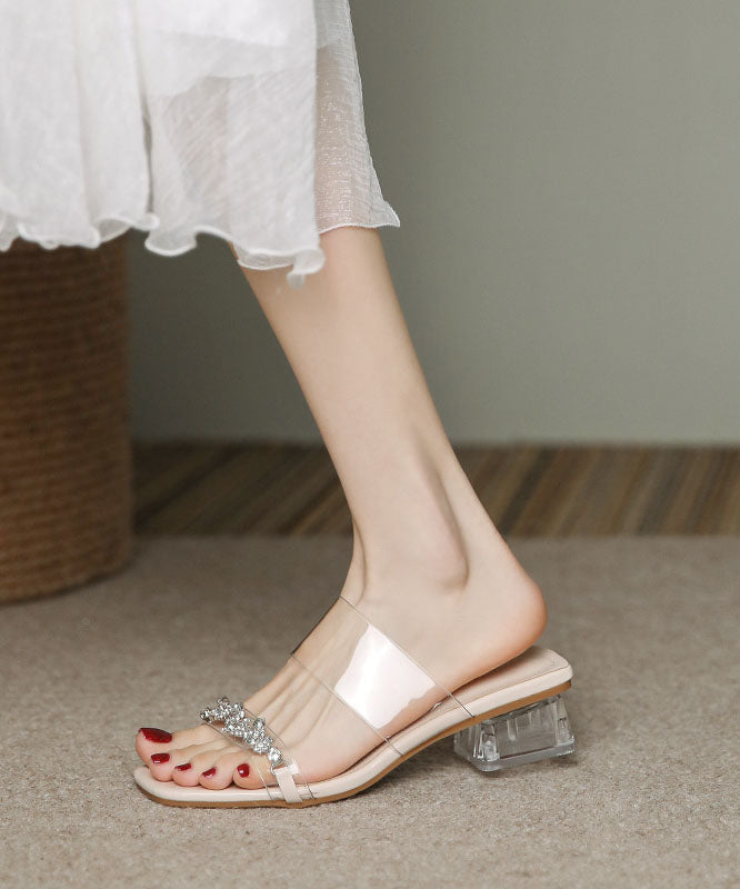 French Apricot Clear Chunky Heels Slide Sandals Peep Toe Zircon