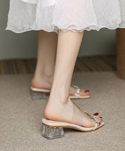 French Apricot Clear Chunky Heels Slide Sandals Peep Toe Zircon