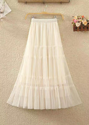 French Apricot Coffee Patchwork High Waist Tulle Pleated Skirts Spring