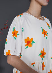 French Apricot Floral Print Cotton Holiday Dress Summer