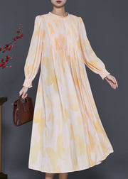 French Apricot Floral Wrinkled Chiffon Dresses Spring