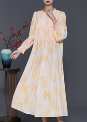 French Apricot Floral Wrinkled Chiffon Dresses Spring