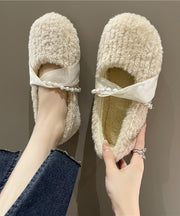 French Apricot Fuzzy Fur Fashion Splicing Flat Shoes For Women