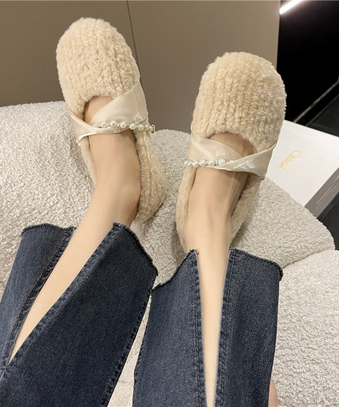 French Apricot Fuzzy Fur Fashion Splicing Flat Shoes For Women