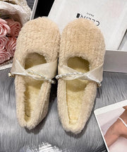 French Apricot Fuzzy Fur Fashion Splicing Flat Shoes For Women