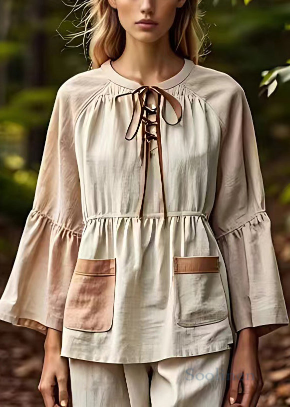 French Apricot Lace Up Pockets Cotton Blouses Fall