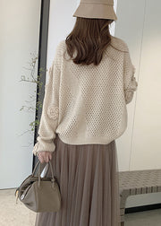 French Apricot O Neck Hollow Out Floral Knit Sweaters Fall