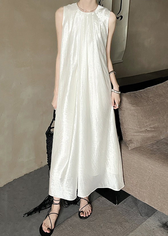 French Apricot O-Neck Solid Silk Long Dress Sleeveless