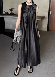 French Apricot O-Neck Solid Silk Long Dress Sleeveless
