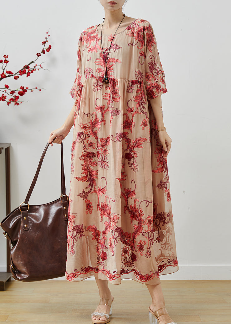 French Apricot Oversized Embroidered Chiffon Long Dresses Summer