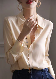 French Apricot Peter Pan Collar Button Silk Shirts Spring