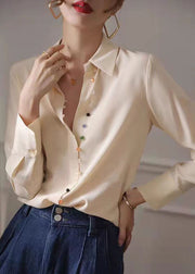 French Apricot Peter Pan Collar Button Silk Shirts Spring