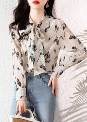 French Apricot Print Lace Up Chiffon Shirts Spring