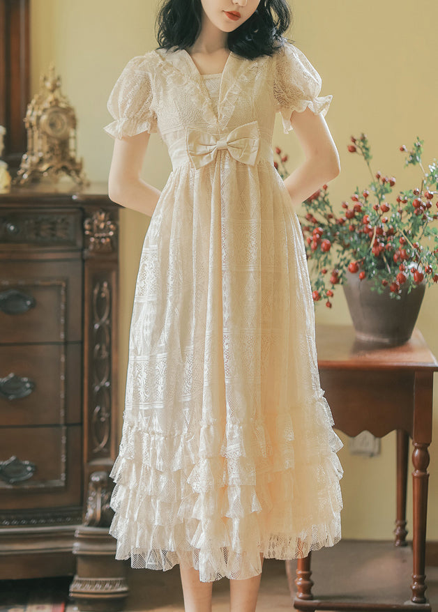 French Apricot Ruffled Bow Patchwork Lace Princess Dress Summer