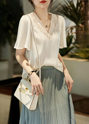 French Apricot V Neck Hollow Out Embroidered Chiffon Blouses Summer