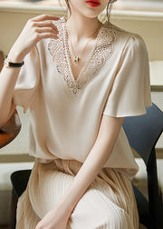 French Apricot V Neck Hollow Out Embroidered Chiffon Blouses Summer