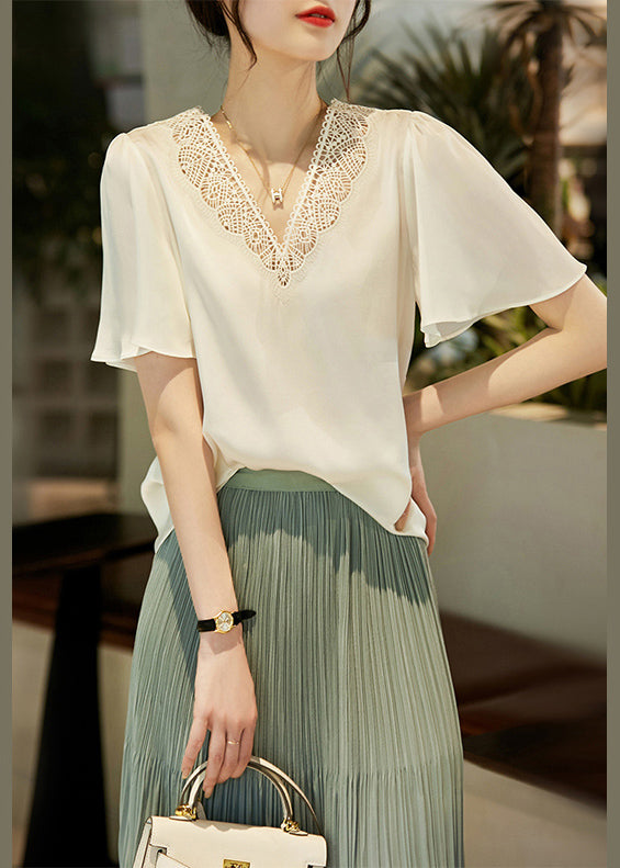 French Apricot V Neck Hollow Out Embroidered Chiffon Blouses Summer