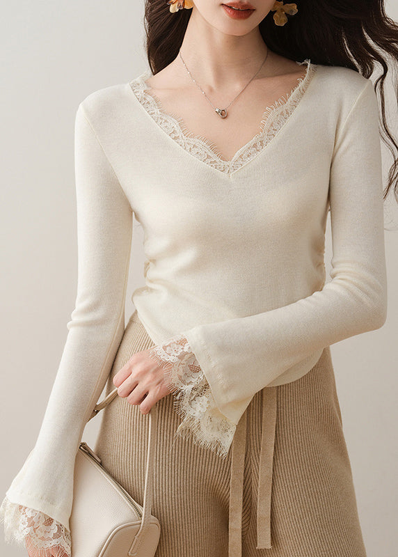 French Apricot V Neck Lace Patchwork Knit Top Flare Sleeve