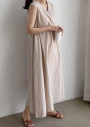 French Apricot V Neck Patchwork Button Cotton Maxi Dresses Sleeveless