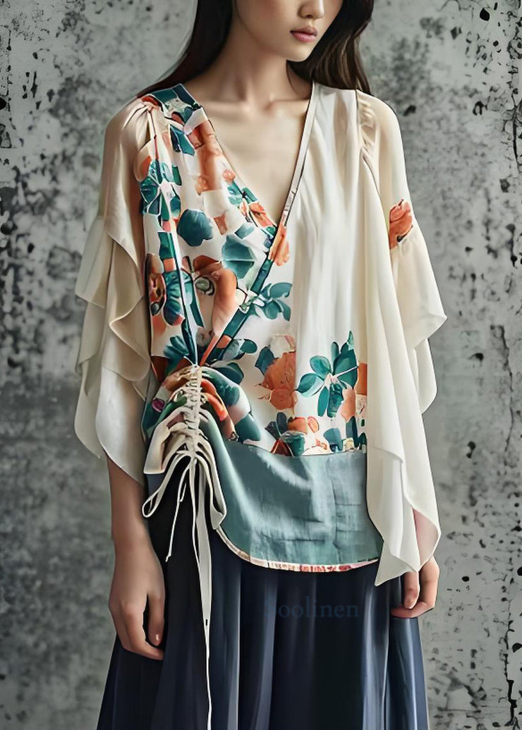 French Apricot V Neck Print Cinched Cotton Tops Summer