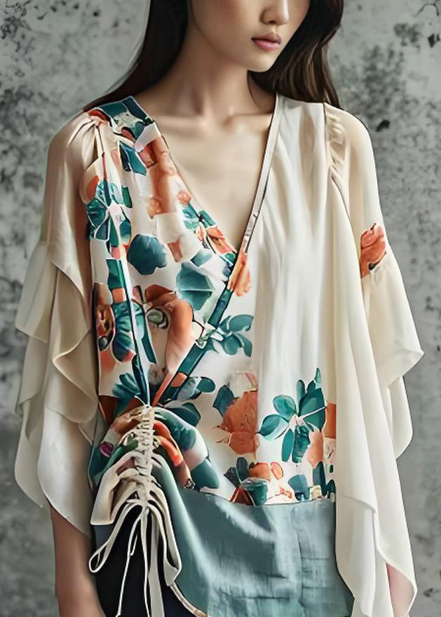 French Apricot V Neck Print Cinched Cotton Tops Summer