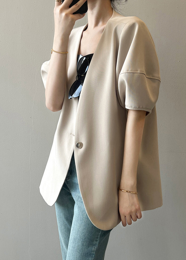 French Apricot V Neck Puff Sleeve Button Coat