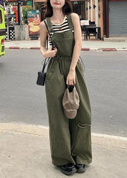 French Army Green Drawstring Pockets Cotton Jumpsuit Sleeveless