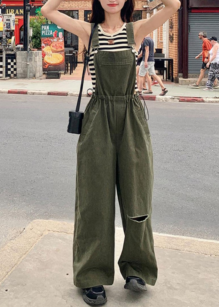 French Army Green Drawstring Pockets Cotton Jumpsuit Sleeveless