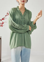 French Army Green Embroideried Ruffled Cotton Shirts Spring