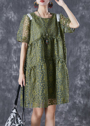 French Army Green Embroidered Ruffled Tulle Vacation Dresses Summer