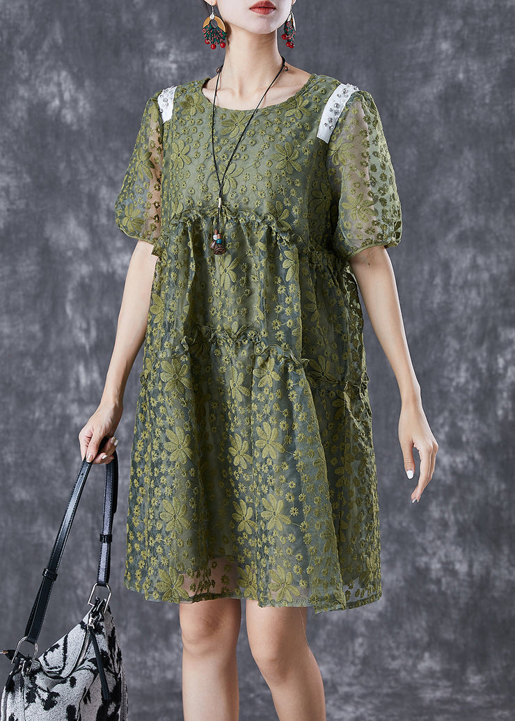 French Army Green Embroidered Ruffled Tulle Vacation Dresses Summer