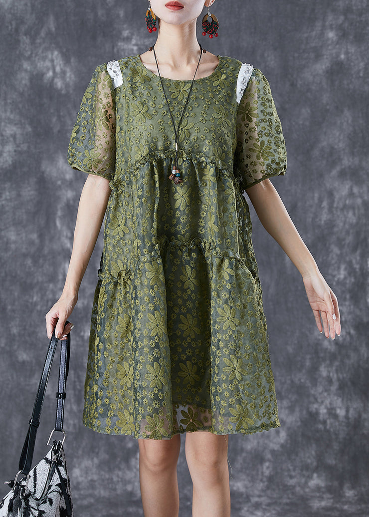 French Army Green Embroideried Ruffled Tulle Vacation Dresses Summer