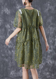 French Army Green Embroideried Ruffled Tulle Vacation Dresses Summer