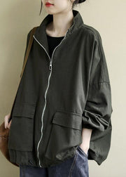 French Army Green Oversized Zippered Pockets Warm Fleece Coat Fall