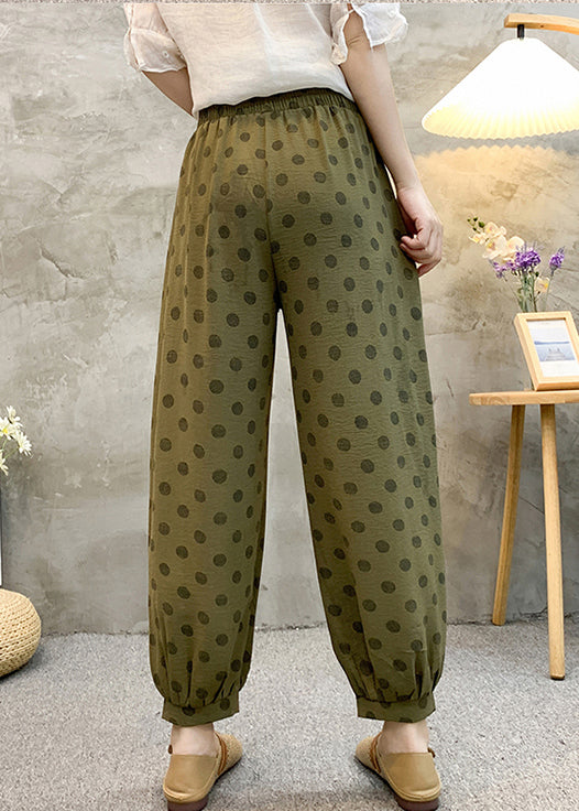 French Army Green Pockets Elastic Waist Cotton Harem Pants Summer